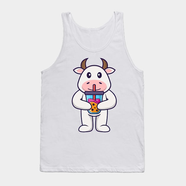 Cute cow Drinking Boba milk tea. Tank Top by kolega